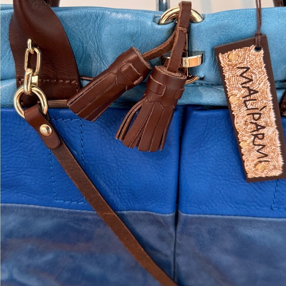 Maliparmi Blue Tone Leather Tote with Brown Handles - Picture 2 of 4